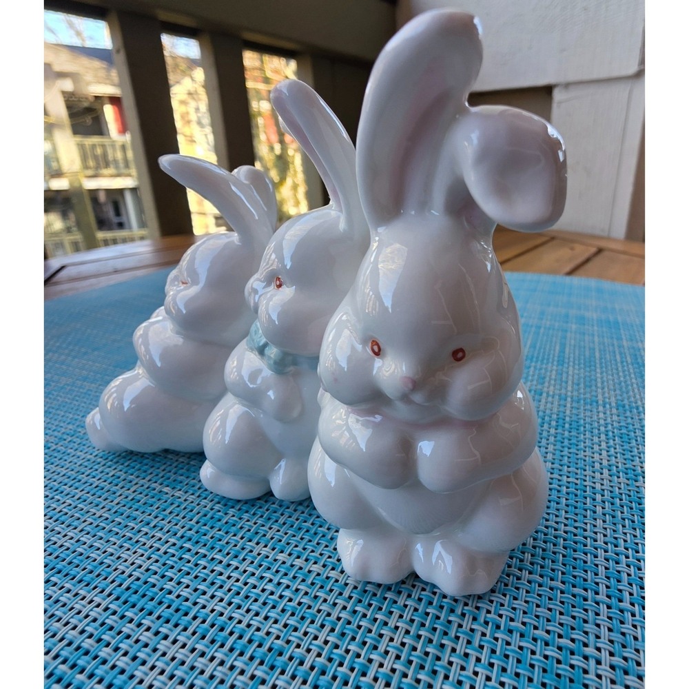 Vintage Ceramic Bunny Figurine Trio White Rabbits Decor Cute Rabbits - Picture 2 of 14